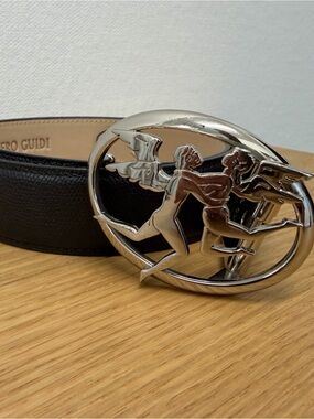 Piero Guidi Black Leather Belt with Silver Sculpted Runner Buckle